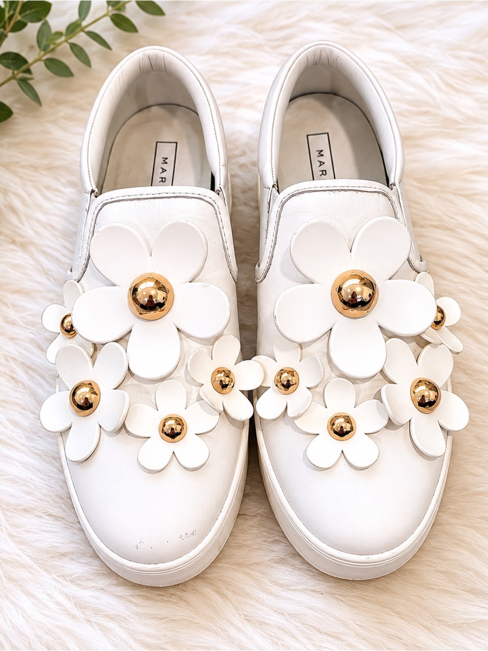 Marc Jacobs White Leather Floral Slip-On Flats with Gold Accents
